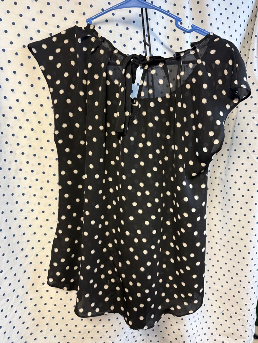 LC Lauren Conrad Black and White Polka Dot Tie-Back Cap Sleeve Blouse